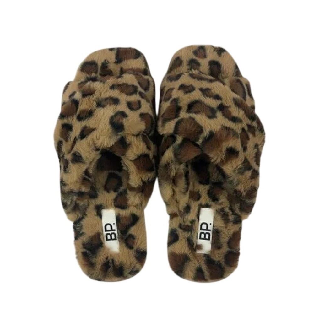 BP Slippers NEW $29 Faux Fur Animal Print Cross Band Open Toe